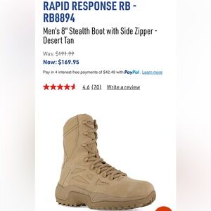 RAPID RESPONSE RB - RB8894
Men's 8" Stealth Boot with Side Zipper - Desert Tan